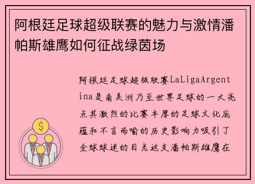 阿根廷足球超级联赛的魅力与激情潘帕斯雄鹰如何征战绿茵场